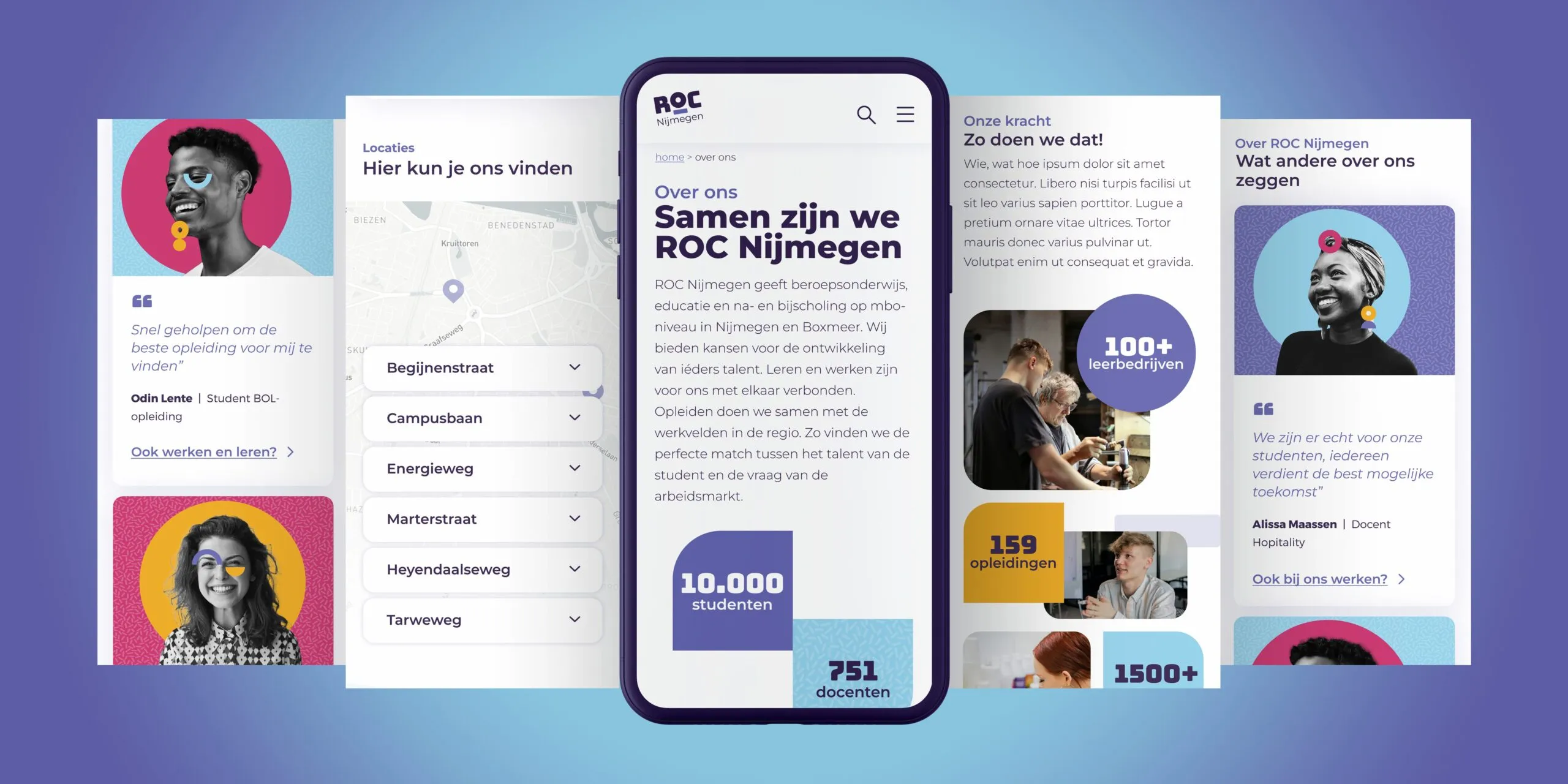 Verschillende screenshots van de mobiele websites van het ROC Nijmegen