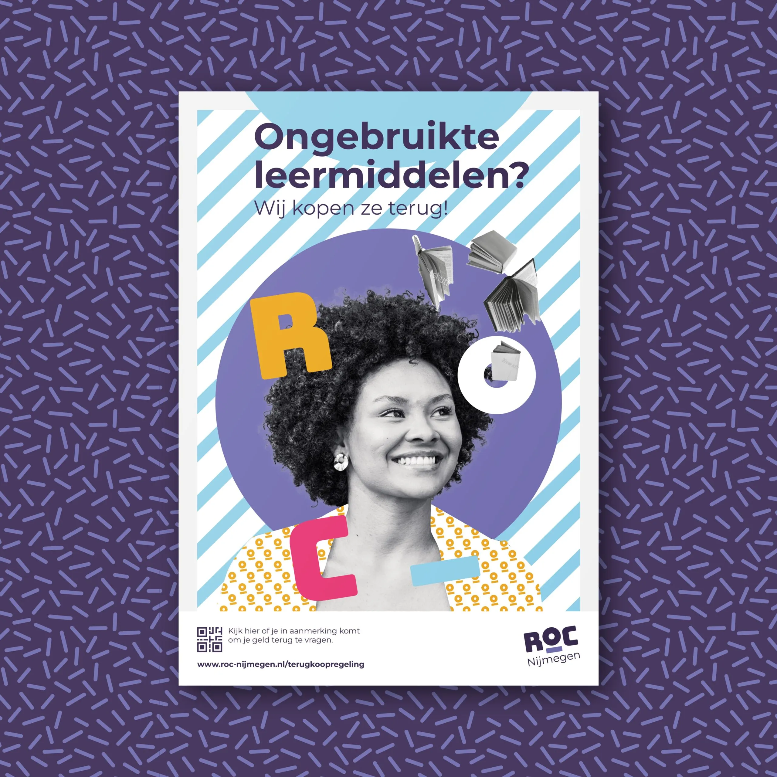 Kleurrijke poster van ROC Nijmegen met lachende student en tekst over terugkoop van leermiddelen.