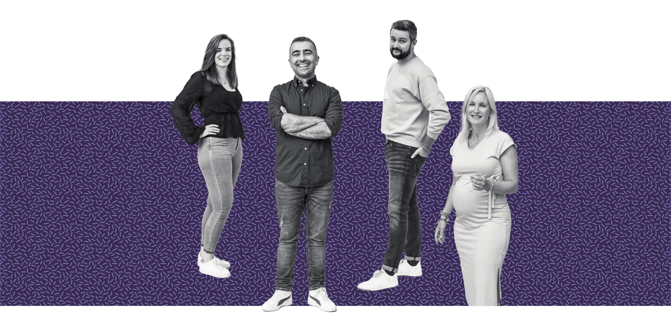 Vier docenten van ROC Nijmegen staan naast elkaar op een paarse grafische achtergrond.