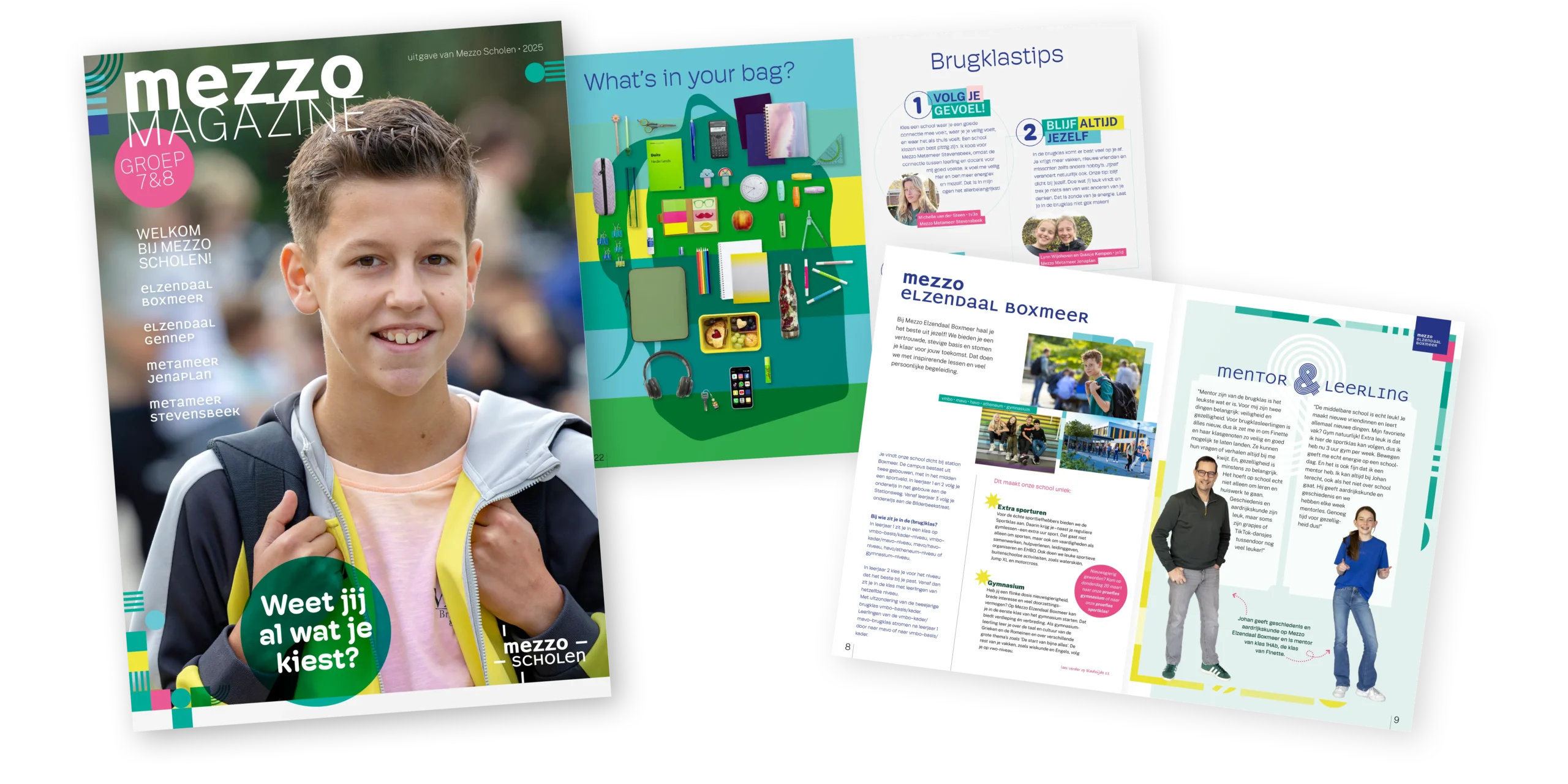 Verschillende pagina's van het Mezzo Magazine met lachende leerlingen en brugklastips.