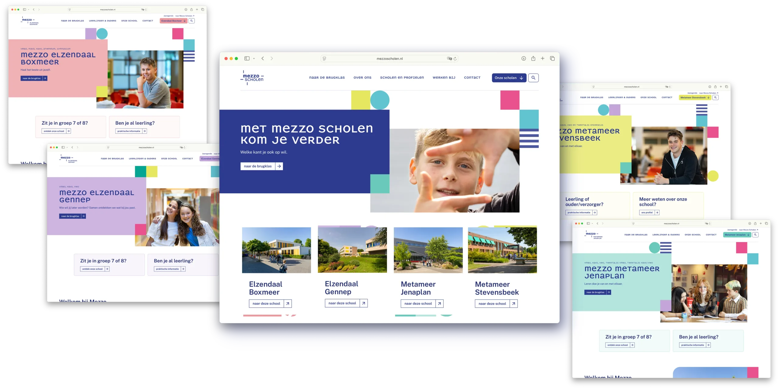 Verschillende beeldschermen van de website van Mezzo Scholen.