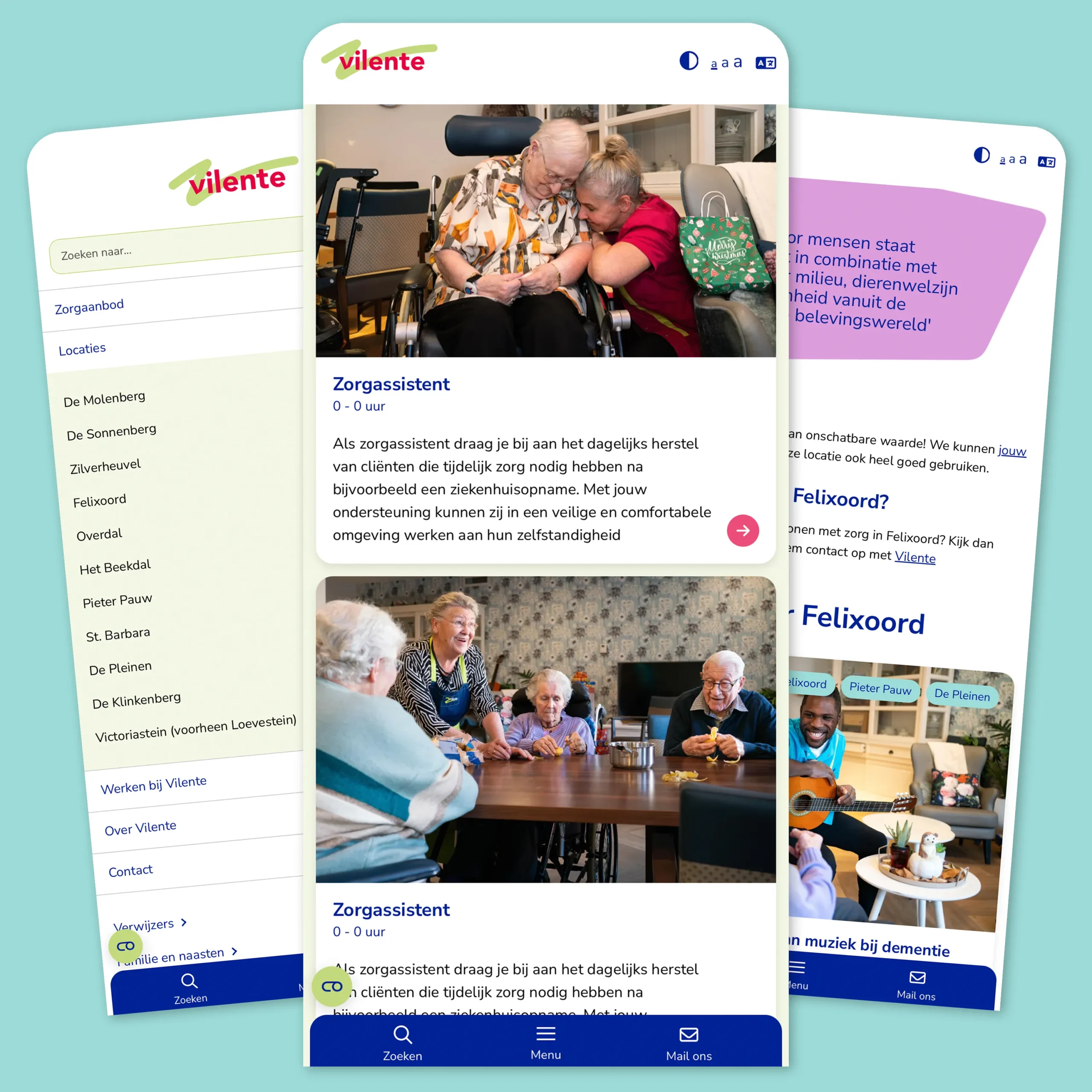 Verschillende mobiele schermen van de website van Vilente.