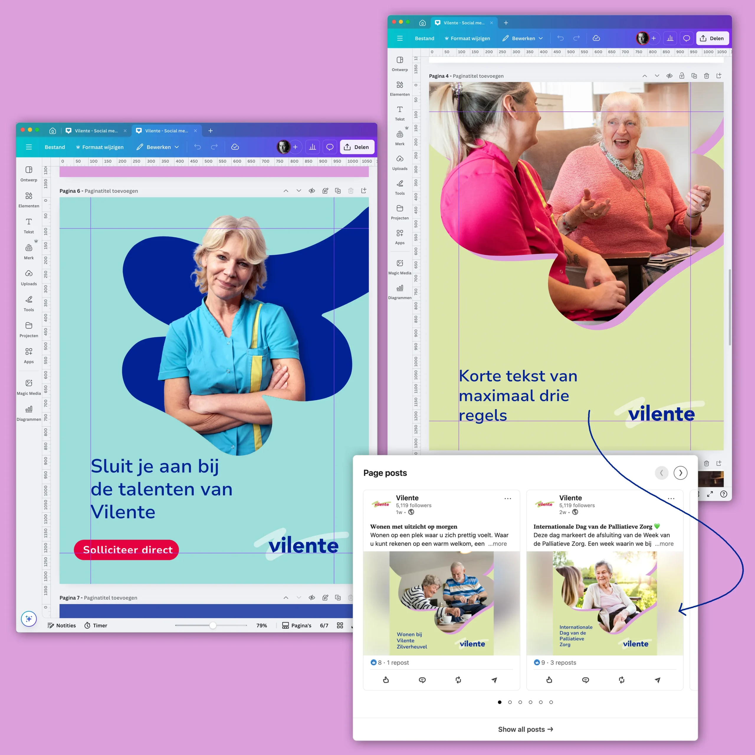 Voorbeelden van Canva templates gemaakt voor social media posts voor Vilente.