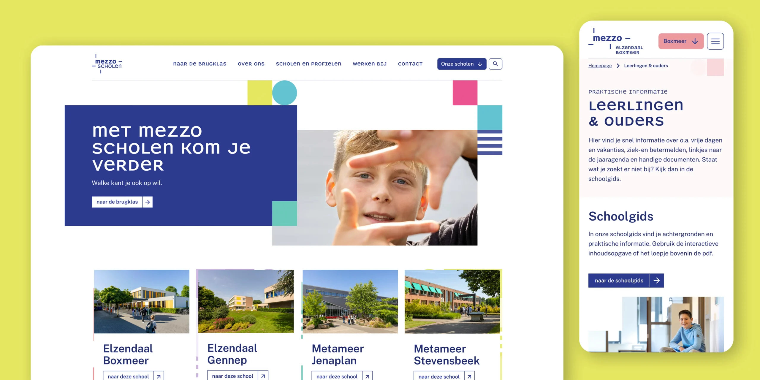Pagina's van de website van Mezzo Scholen tegen een lichtgroene achtergrond.