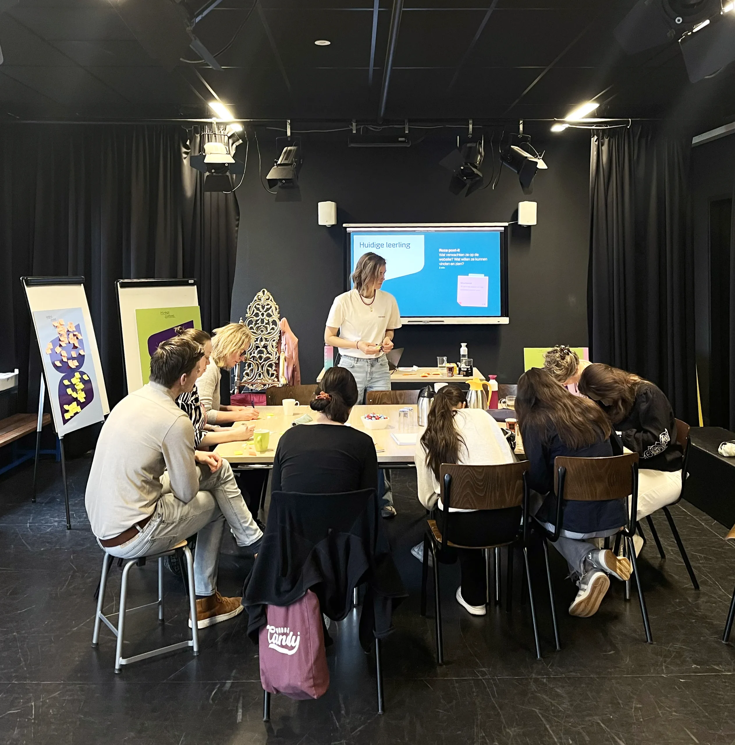 Groep mensen zit rond een tafel met een beeldscherm en borden met post-its op de achtergrond