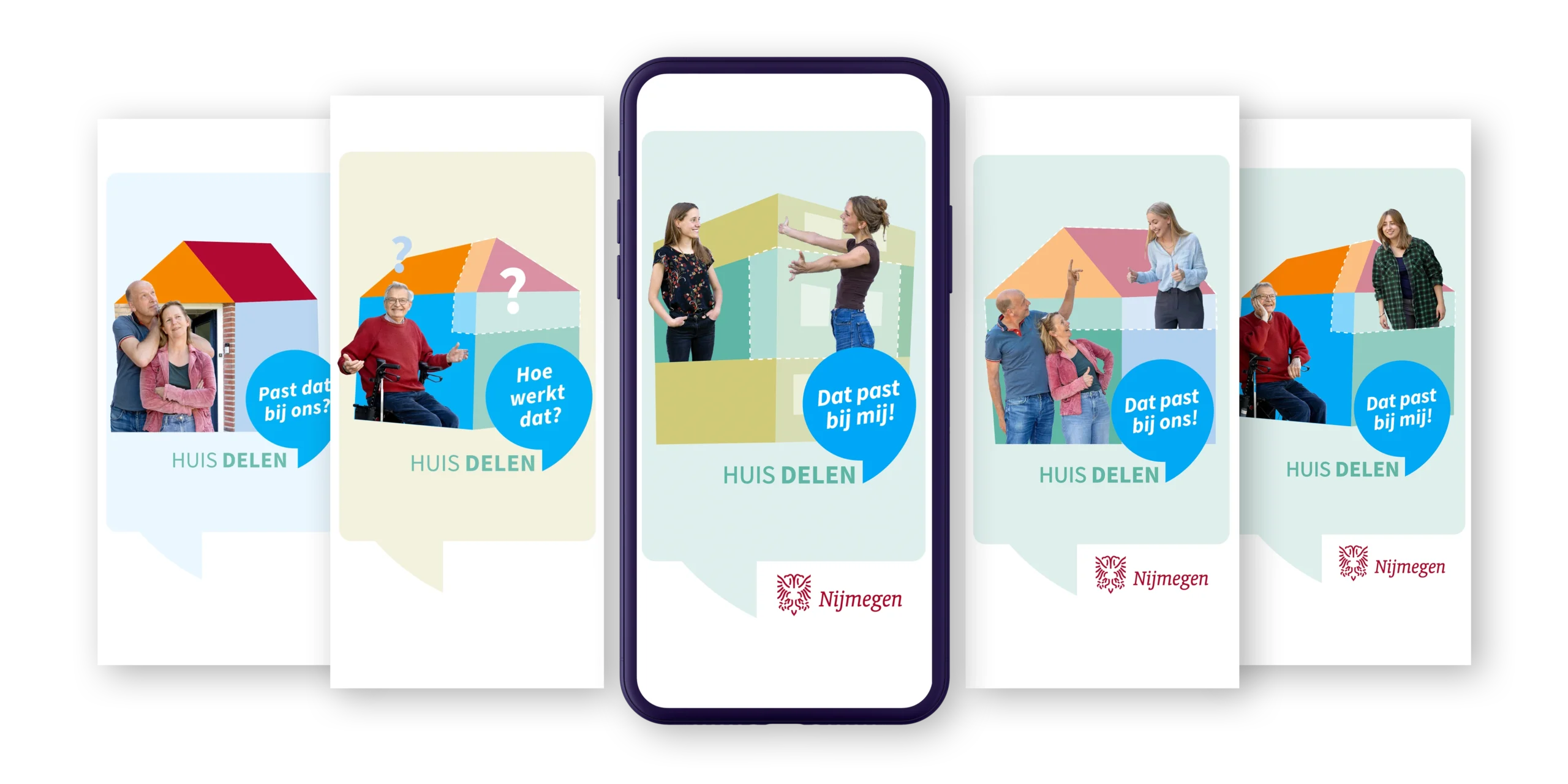 Screenshots uit animatie van de online campagne 'Huis delen: past dat bij mij?'