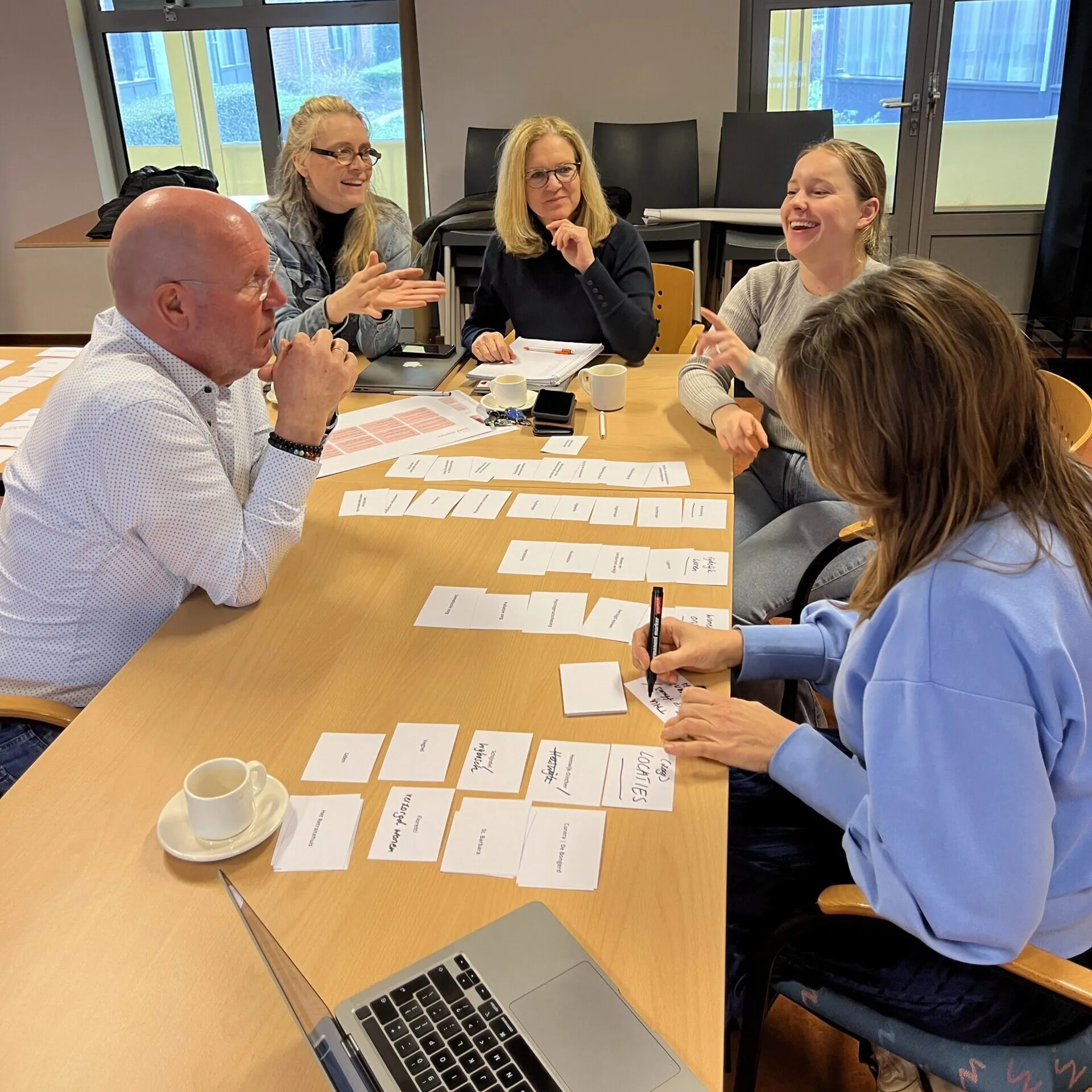 Deelnemers aan een tafel tijdens een creatieve websessie schrijven kaartjes