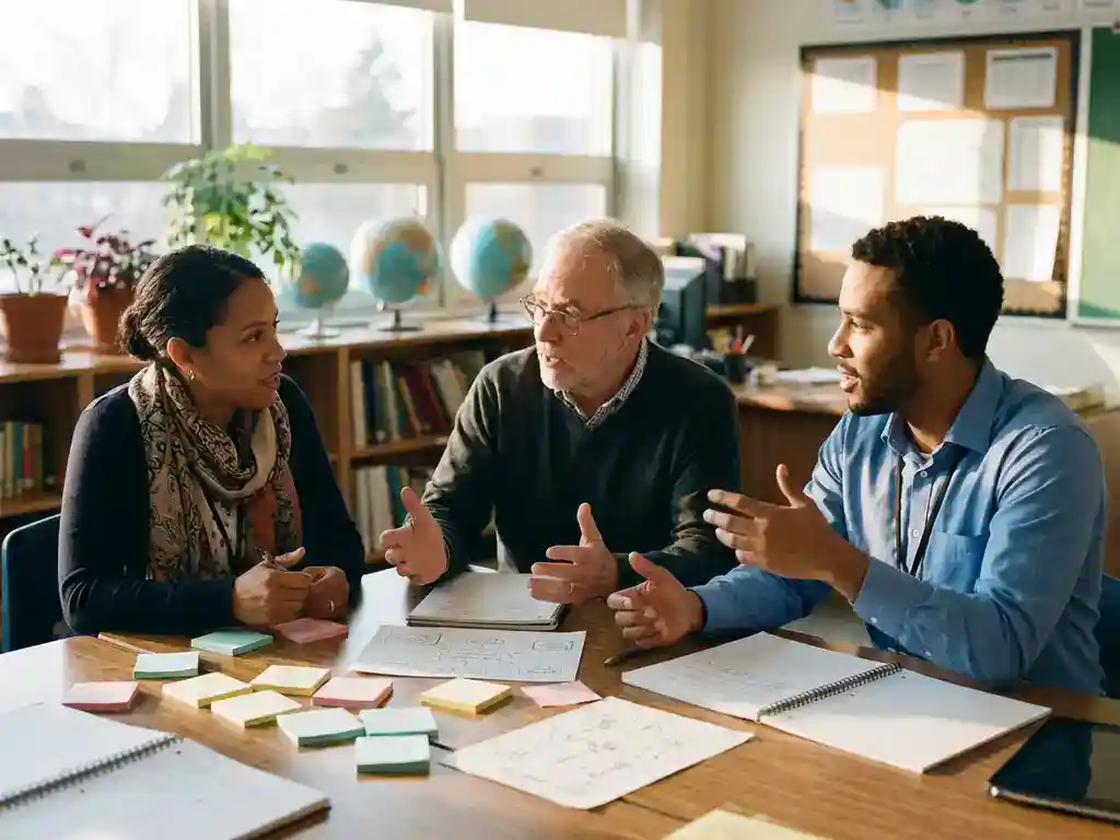 Diverse groep docenten werkt samen aan lesplannen rond houten tafel met kleurrijke notities en schriften in natuurlijk klaslokaal