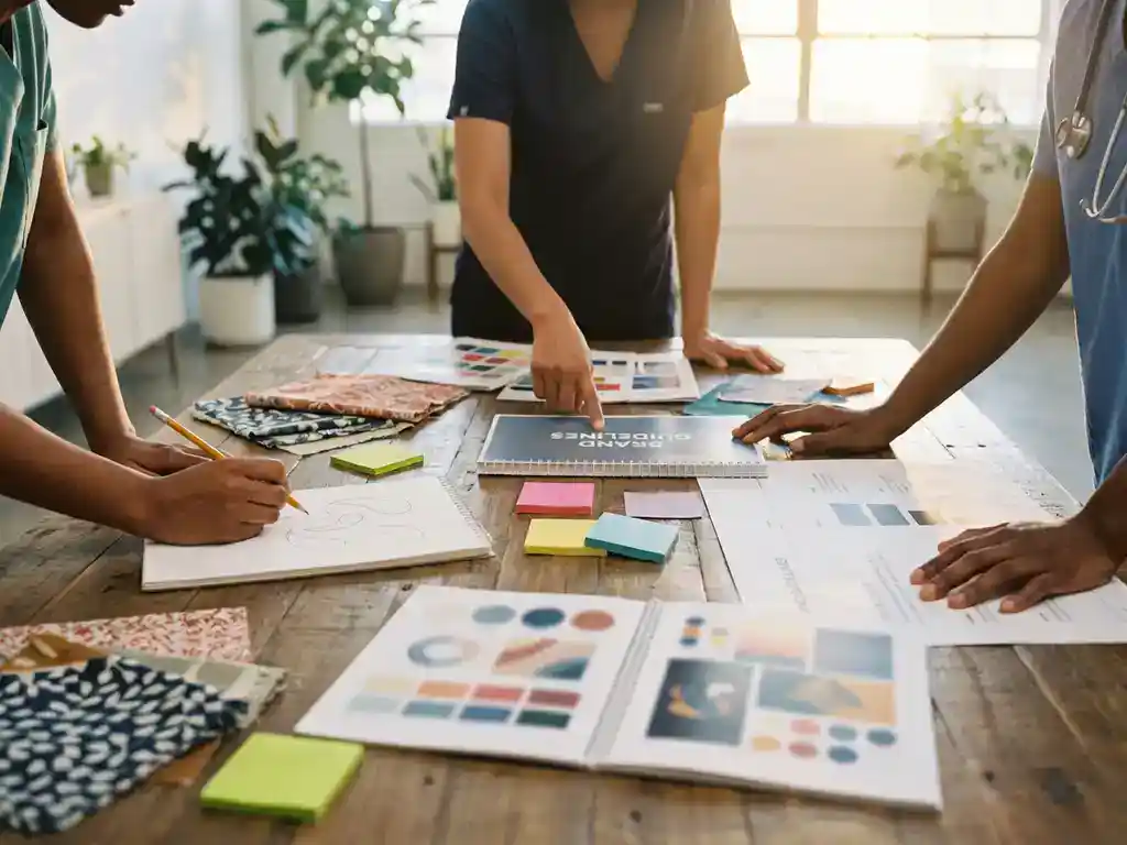 Drie zorgverleners werken samen aan merkontwikkeling rond houten tafel met kleurrijke notities en brandingmateriaal in modern kantoor