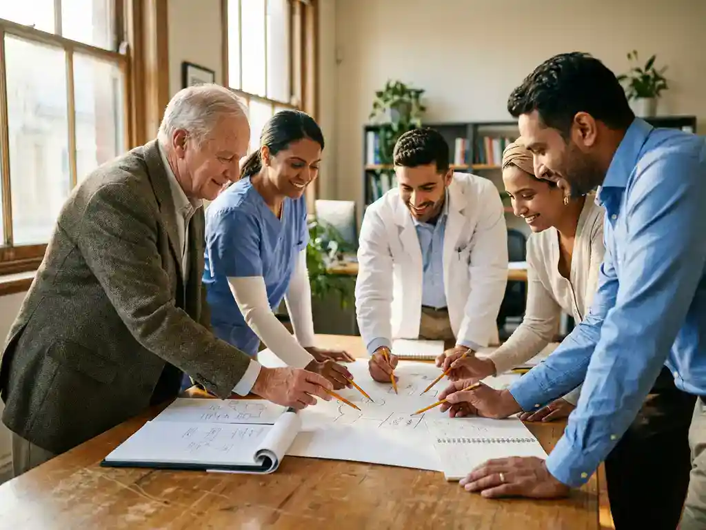 Diverse zorgprofessionals brainstormen samen rond houten tafel, schetsen ideeën op notitieblokken in warm zonlicht