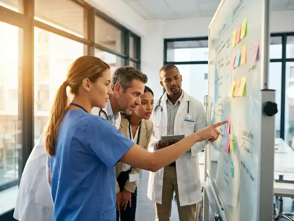 Diverse zorgteam van vier professionals collaboreert rond whiteboard met gekleurde sticky notes in ziekenhuisruimte