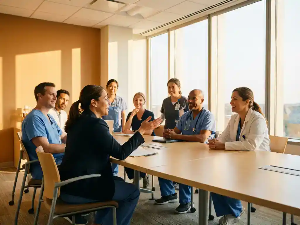 Diverse zorgverleners overleggen rond conferentietafel in ziekenhuisvergaderruimte, presentator gebaart naar betrokken collega's