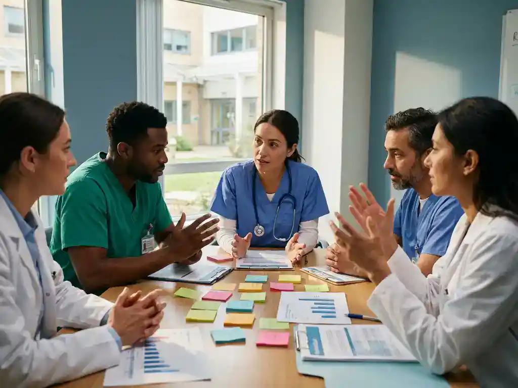 Diverse zorgprofessionals bespreken patiëntenzorg rond moderne vergadertafel in helder ziekenhuislokaal met documenten