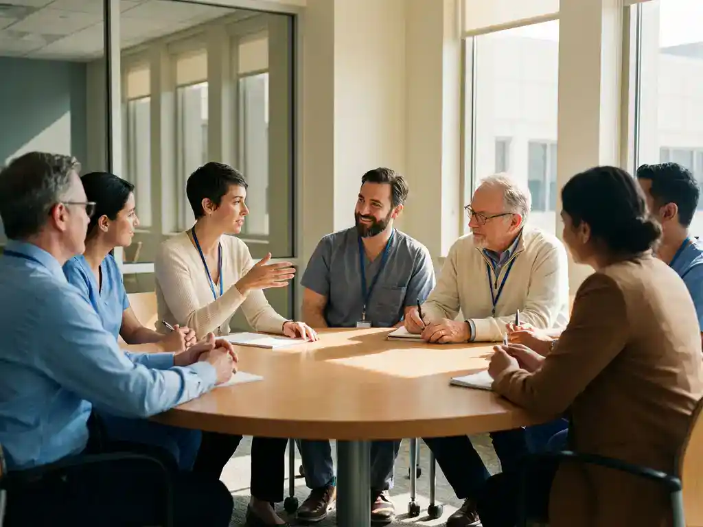 Diverse zorgverleners bespreken patiëntenzorg rond ronde tafel in lichte ziekenhuisvergaderruimte