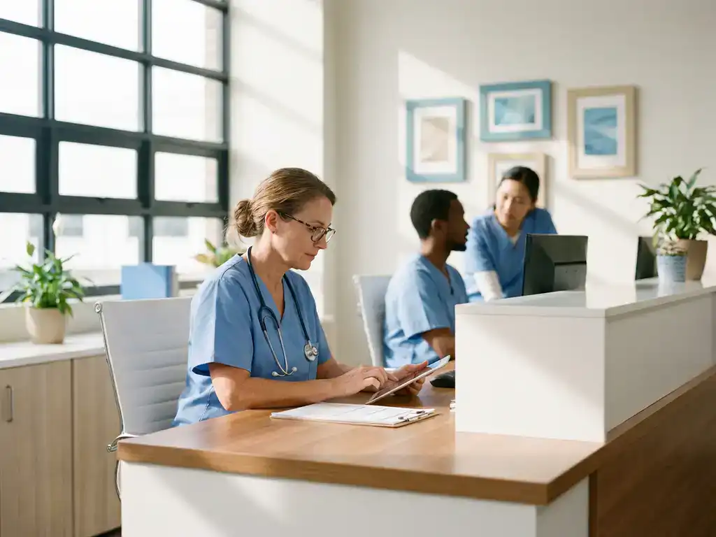 Zorgverlener in scrubs bestudeert patiëntendossiers aan moderne verpleegpost terwijl collega's samenwerken op achtergrond