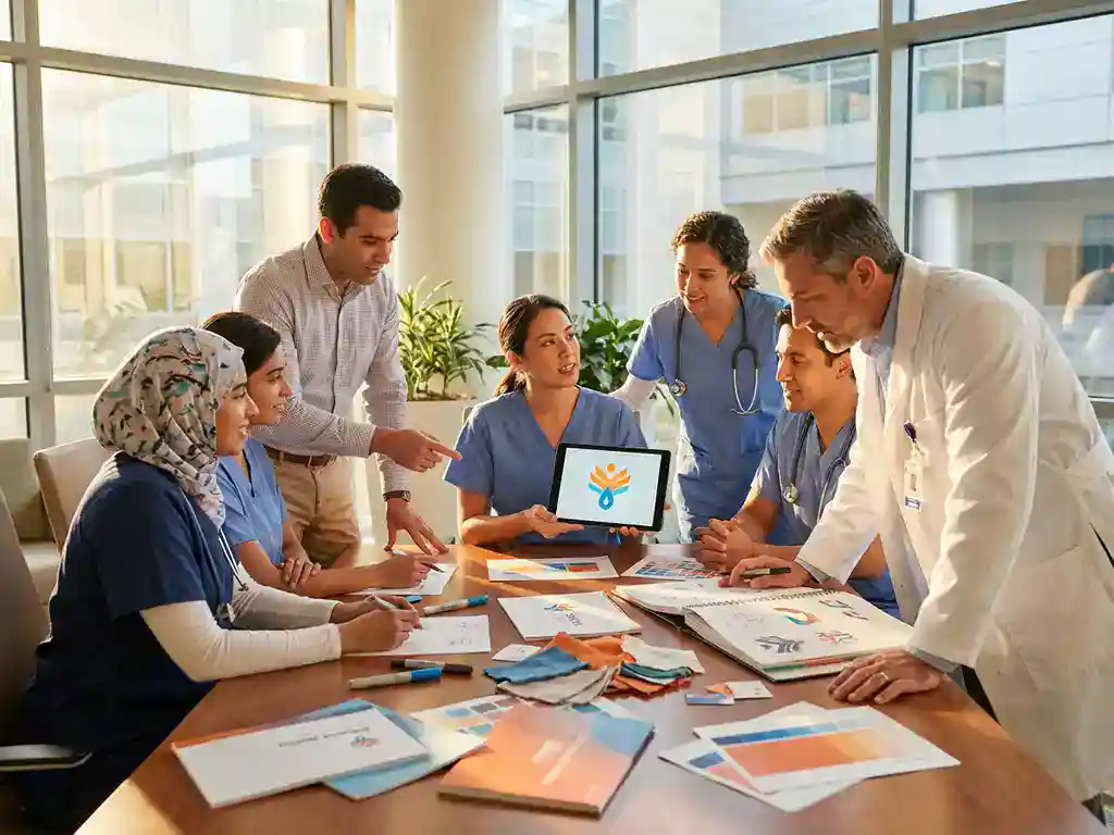 Diverse zorgprofessionals bespreken kleurrijke merkidentiteit materialen rond moderne vergadertafel in zonnige ziekenhuiskamer