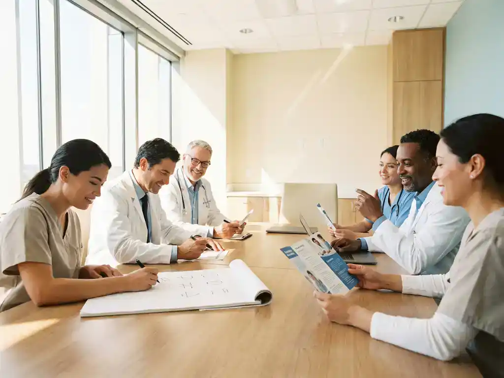 Diverse zorgverleners brainstormen over merkstrategie aan houten vergadertafel in moderne ziekenhuisruimte met natuurlijk licht