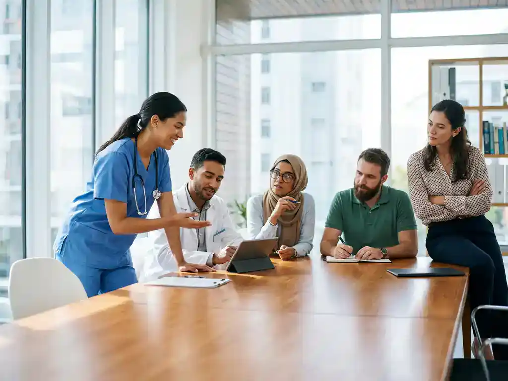 Divers team van zorgprofessionals overlegt aan moderne conferentietafel in natuurlijk licht