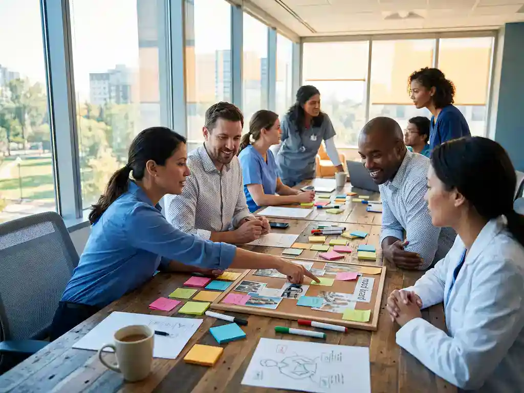 Diverse zorgprofessionals bespreken organisatiewaarden met kleurrijke sticky notes rond houten vergadertafel in modern kantoor