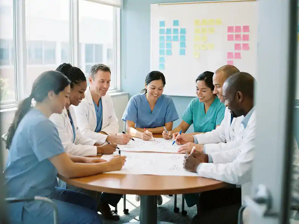 Diverse zorgprofessionals brainstormen samen rond tafel in lichte ziekenhuisvergaderruimte met schetsen en gekleurde notities