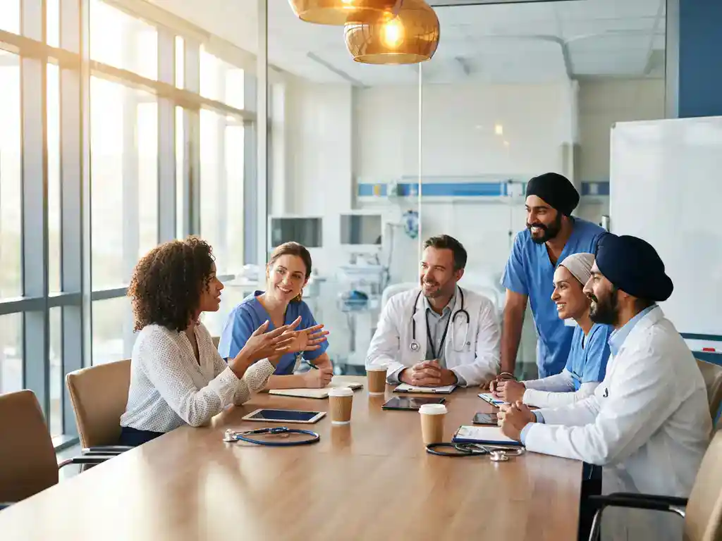 Diverse zorgprofessionals in overleg rond vergadertafel in ziekenhuisvergaderruimte met natuurlijk licht