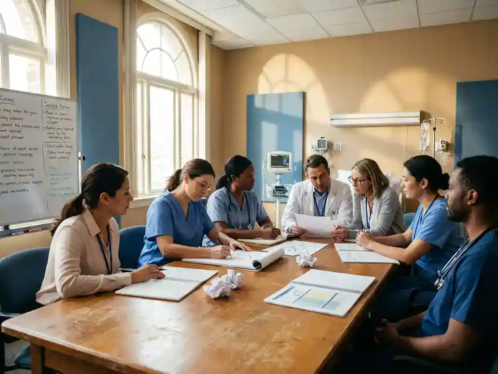 Diverse zorgprofessionals bespreken brandstrategie rond houten vergadertafel in ziekenhuisvergaderruimte met natuurlijk licht