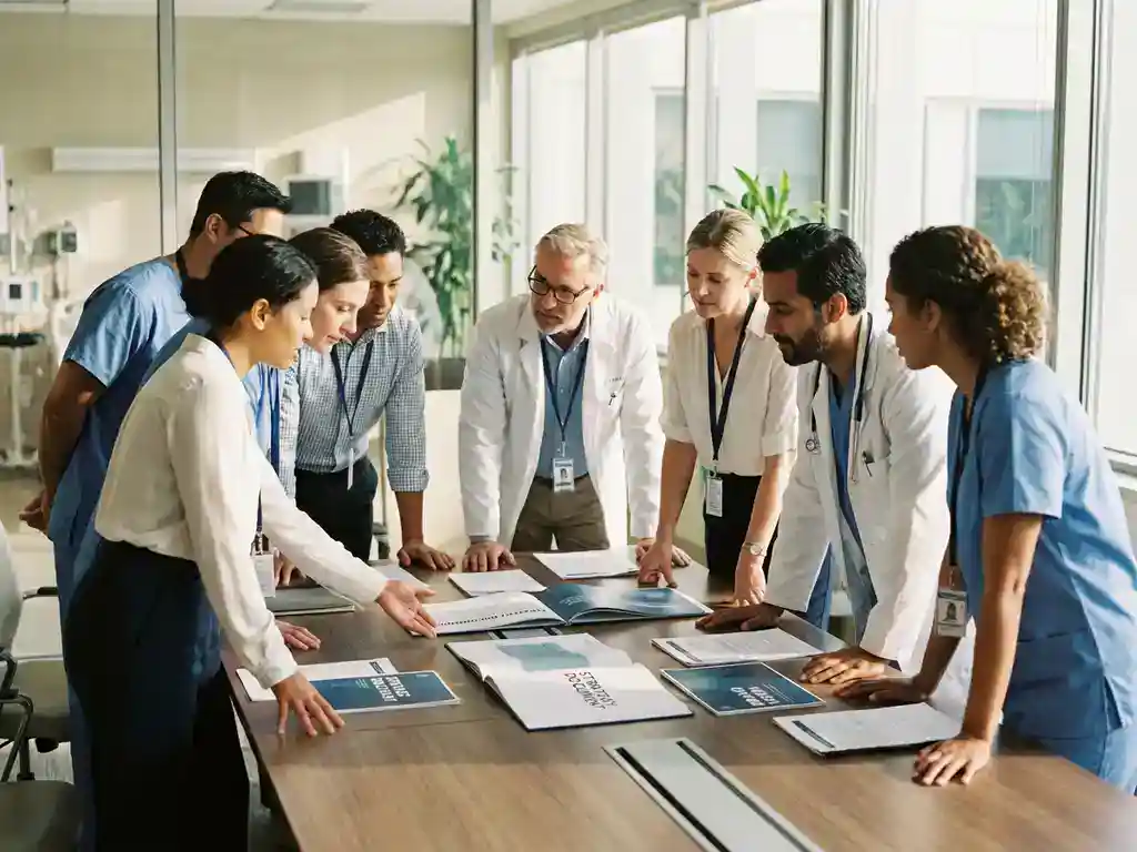 Diverse zorgprofessionals bespreken merkstrategie documenten rond moderne vergadertafel in lichte ziekenhuisvergaderruimte