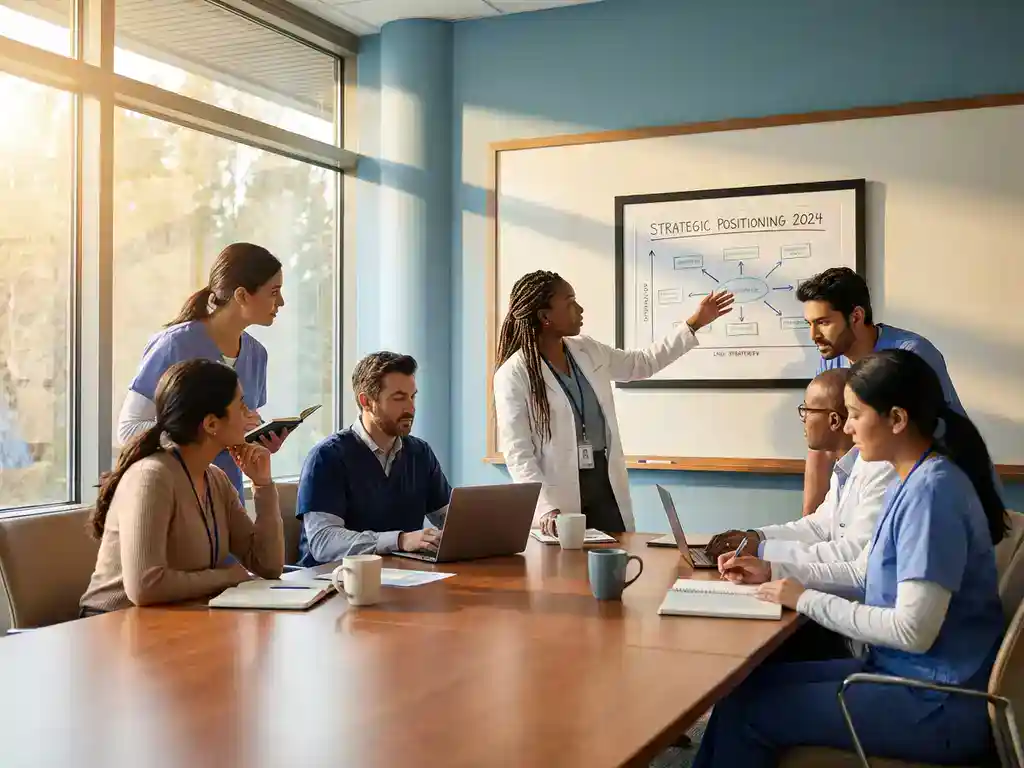 Diverse zorgverleners bespreken strategische positionering rond vergadertafel in ziekenhuisvergaderruimte met natuurlijk licht