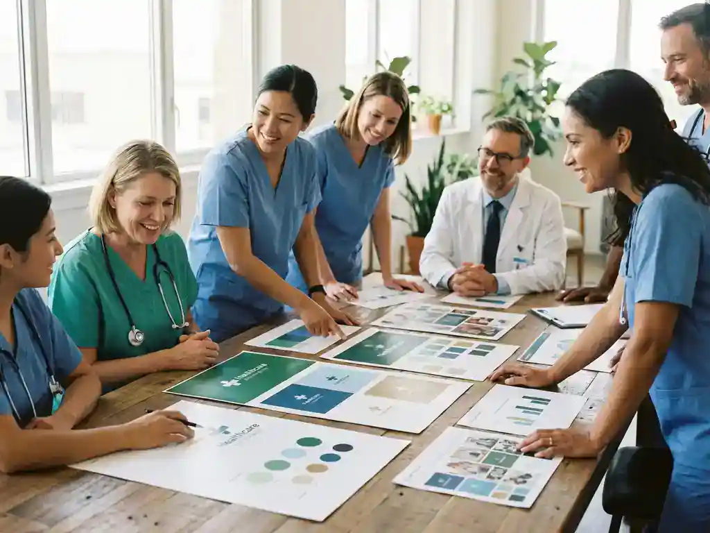 Diverse zorgprofessionals bespreken merkidentiteit documenten rond houten vergadertafel in ziekenhuiskamer met natuurlijk licht