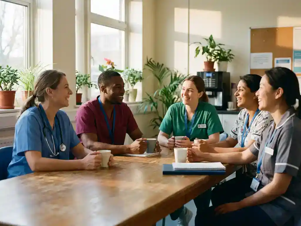 Diverse zorgverleners in gekleurde uniformen overleggen rond houten tafel in lichte ziekenhuispauzeruimte
