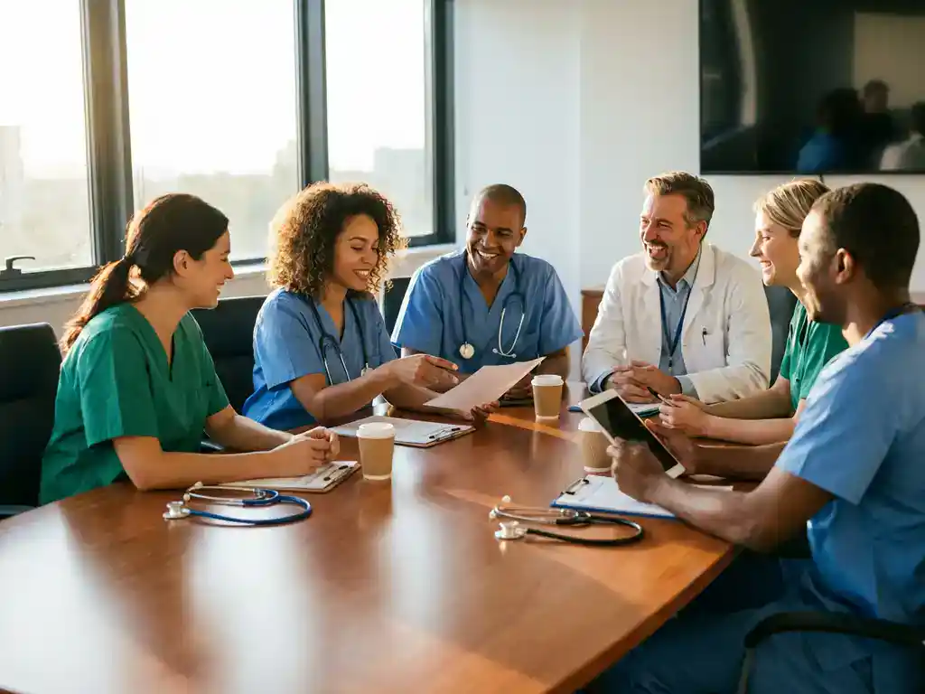 Diverse zorgprofessionals bespreken patiëntenzorg rond houten vergadertafel in ziekenhuisvergaderruimte