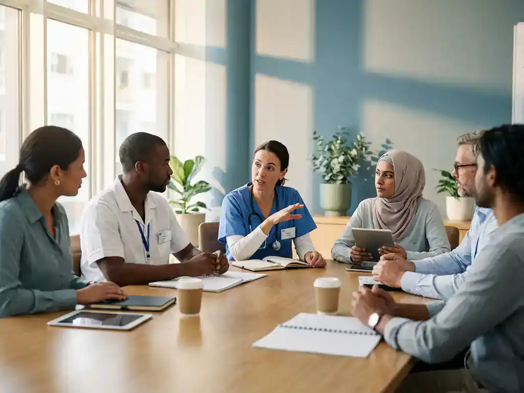 Diverse zorgprofessionals in gesprek rond conferentietafel in moderne ziekenhuisvergaderruimte met natuurlijk licht