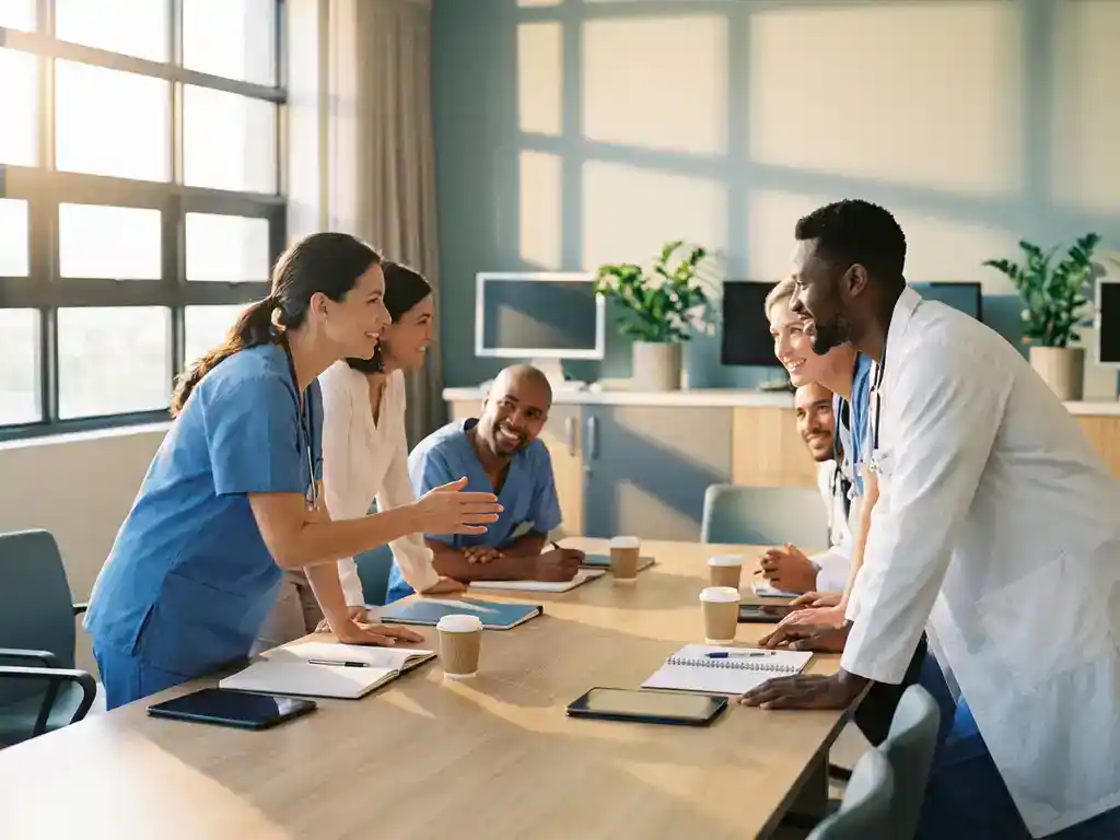 Diverse zorgprofessionals in gesprek rond vergadertafel in lichte ziekenhuisruimte met natuurlijk licht