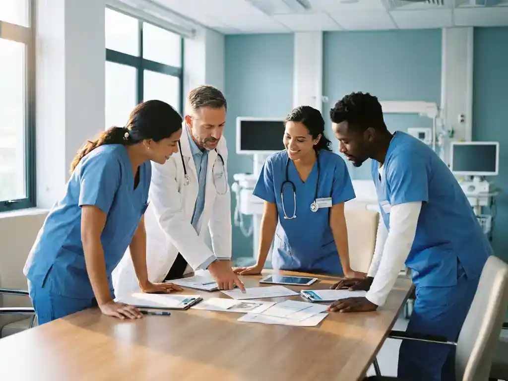 Zorgverleners in gesprek rond conferentietafel in ziekenhuisvergaderruimte, bespreken patiëntendossiers bij natuurlijk licht