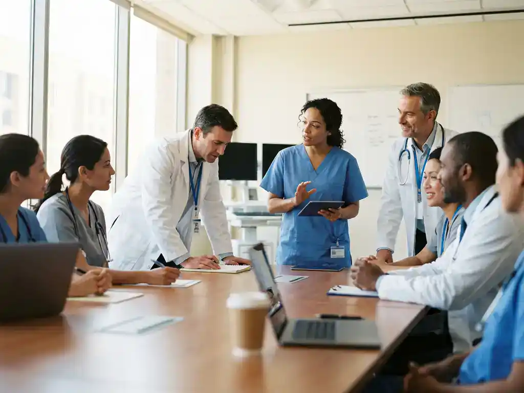 Diverse zorgprofessionals overleggen rond conferentietafel in heldere ziekenhuisvergaderruimte met natuurlijk licht