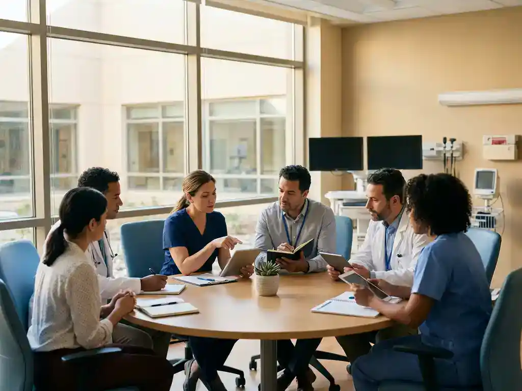 Divers team van zorgprofessionals in overleg rond conferentietafel in lichte ziekenhuisvergaderruimte met natuurlijk licht