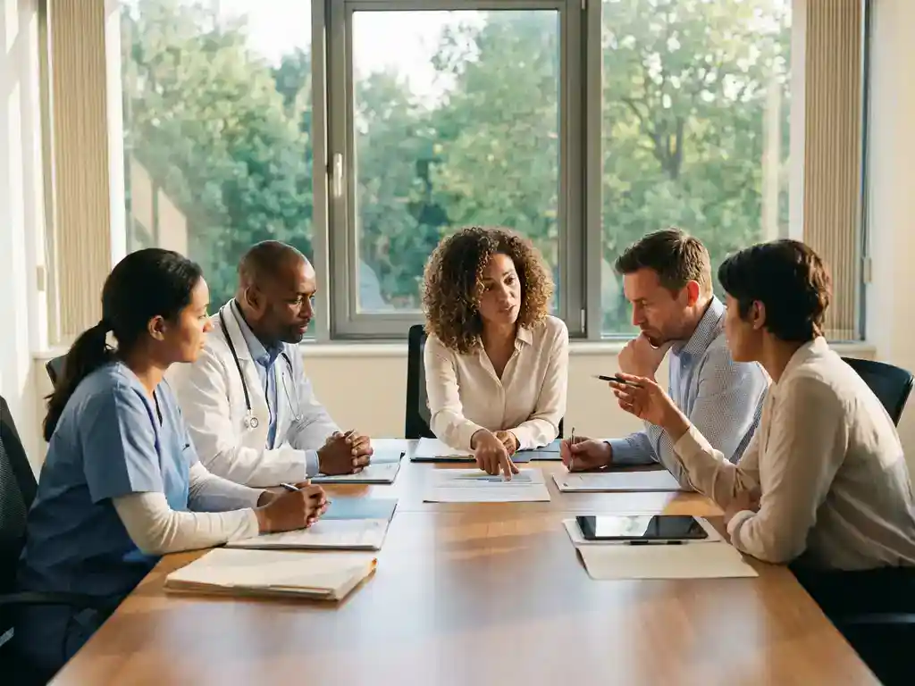 Divers team van zorgprofessionals bespreekt documenten rond houten vergadertafel in ziekenhuisvergaderruimte met natuurlijk licht