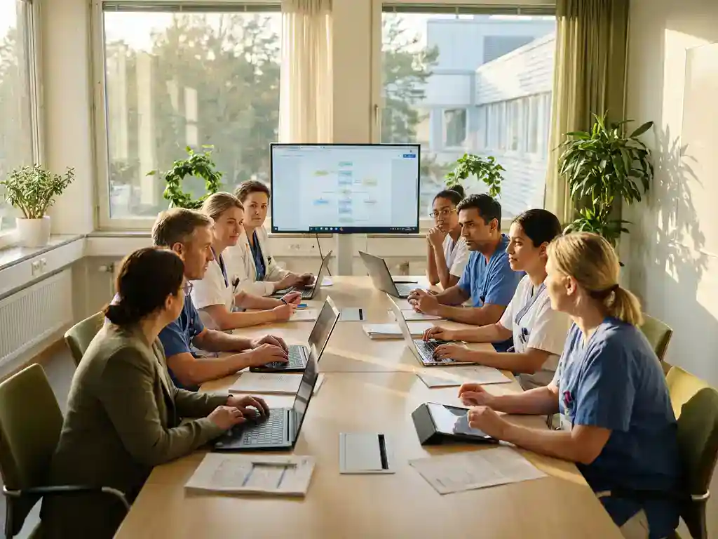 Divers team van zorgprofessionals overlegt intensief rond moderne vergadertafel in lichte ziekenhuisruimte met laptops en documenten