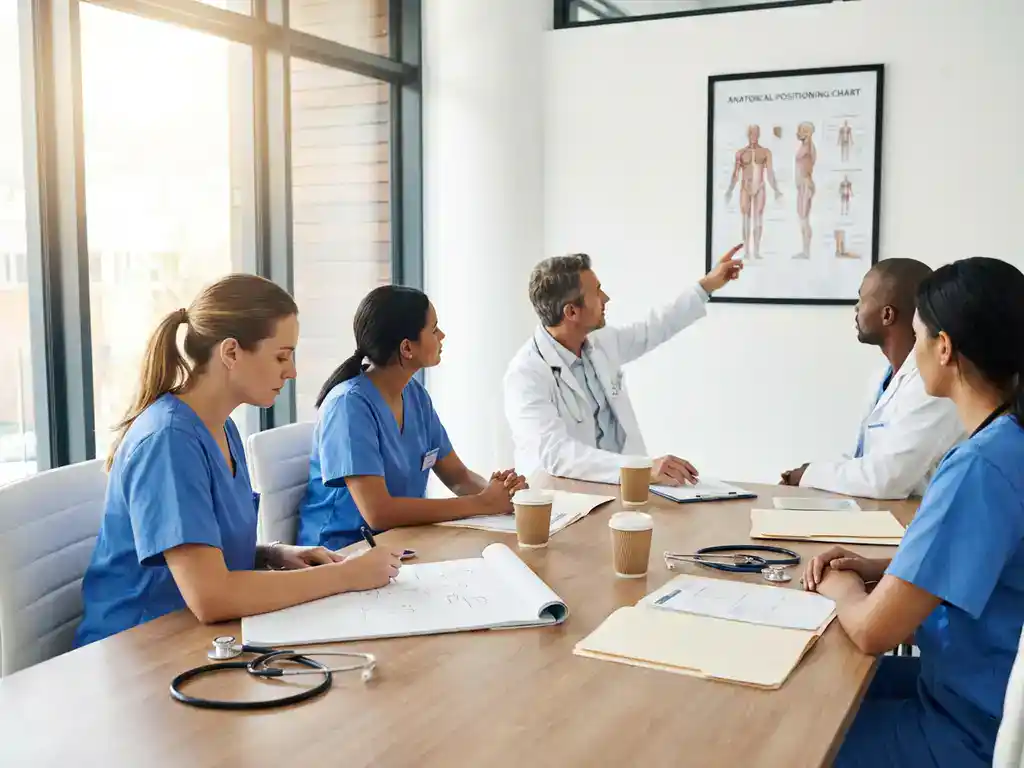 Zorgprofessionals bespreken merkconcepten rond conferentietafel in ziekenhuisvergaderruimte met stethoscopen en medische mappen