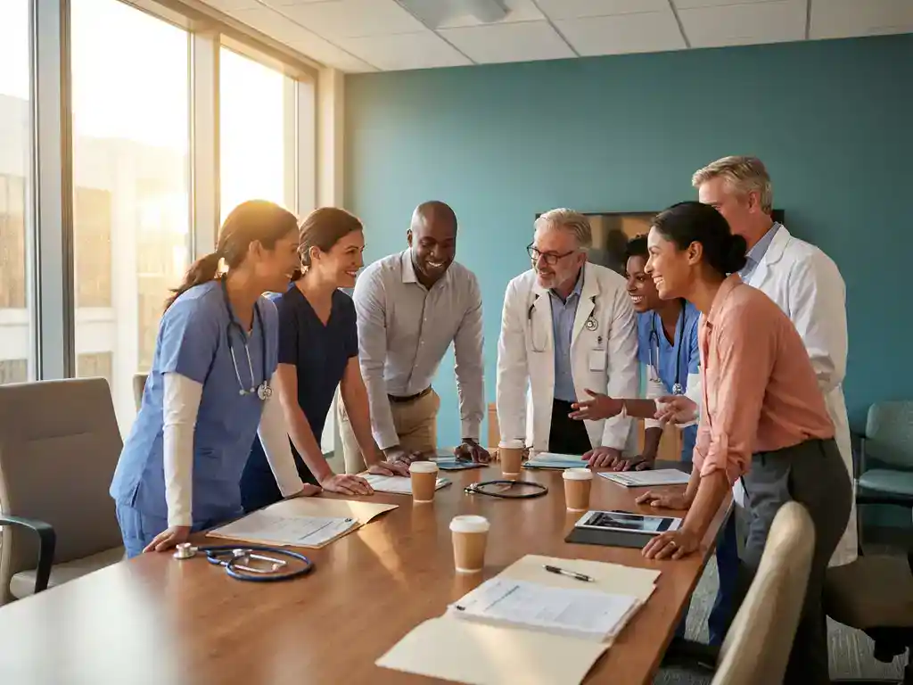 Diverse zorgprofessionals bespreken medische dossiers rond vergadertafel in ziekenhuisruimte met warme middag zonlicht
