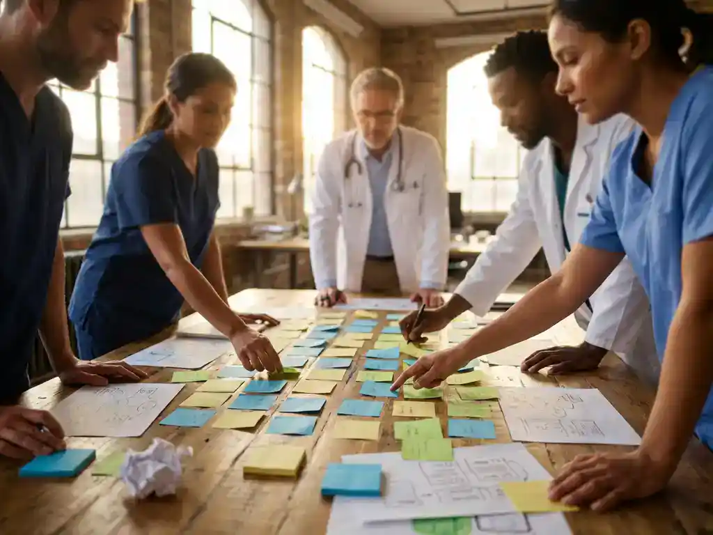 Diverse zorgprofessionals brainstormen samen rond houten vergadertafel vol kleurrijke post-its en schetsen in zonnige werkruimte