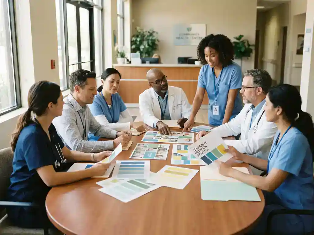 Diverse zorgprofessionals bespreken merkidentiteit documenten rond houten vergadertafel in helder gezondheidscentrum