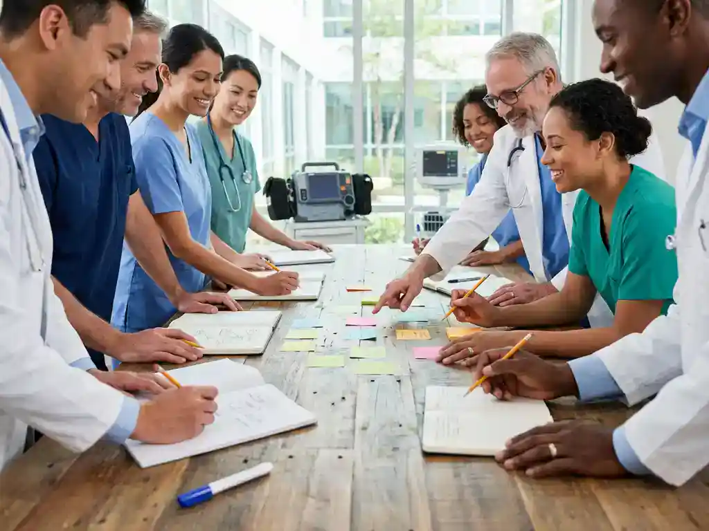 Diverse zorgprofessionals brainstormen samen rond houten vergadertafel met notities en sticky notes in moderne zorgfaciliteit