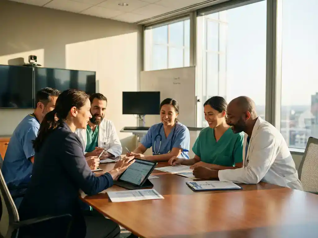 Diverse zorgprofessionals bespreken patiëntenzorgplannen rond conferentietafel in zonnige ziekenhuisvergaderruimte