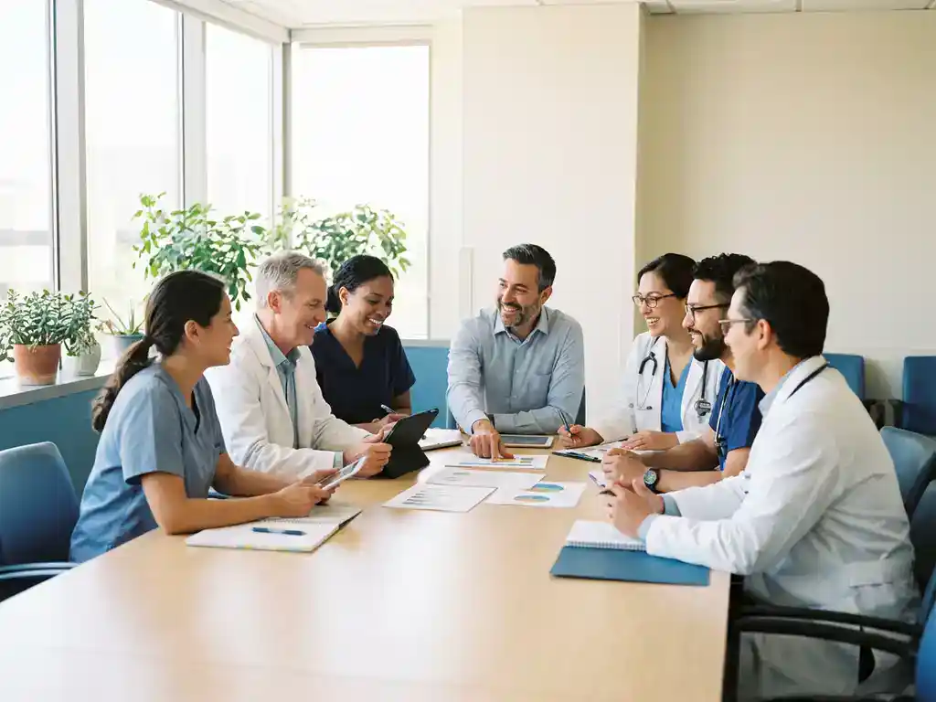 Diverse zorgprofessionals bespreken patiëntenzorg rond conferentietafel in lichte ziekenhuisvergaderruimte