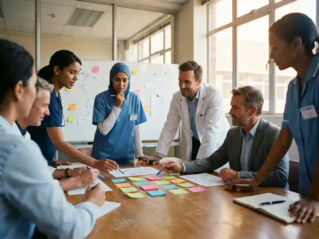 Divers zorgteam bespreekt kleurrijke notities en schetsen rond houten vergadertafel in ziekenhuisvergaderruimte