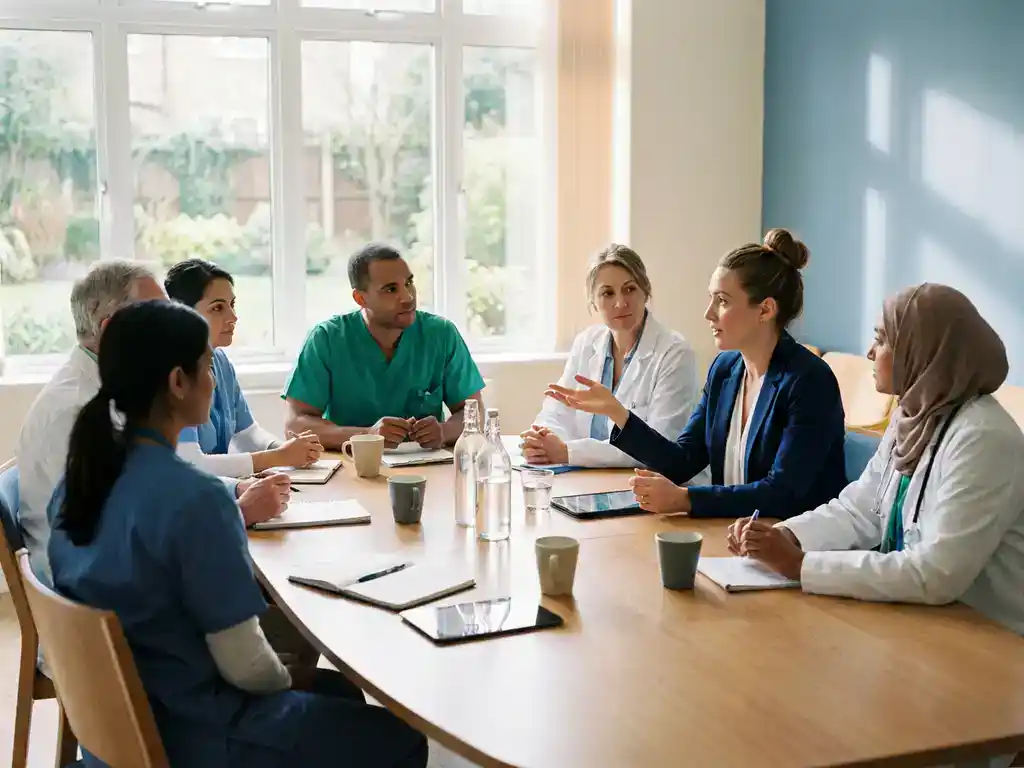 Divers team van zorgprofessionals in overleg rond houten vergadertafel in lichte ziekenhuiskamer met natuurlijk licht