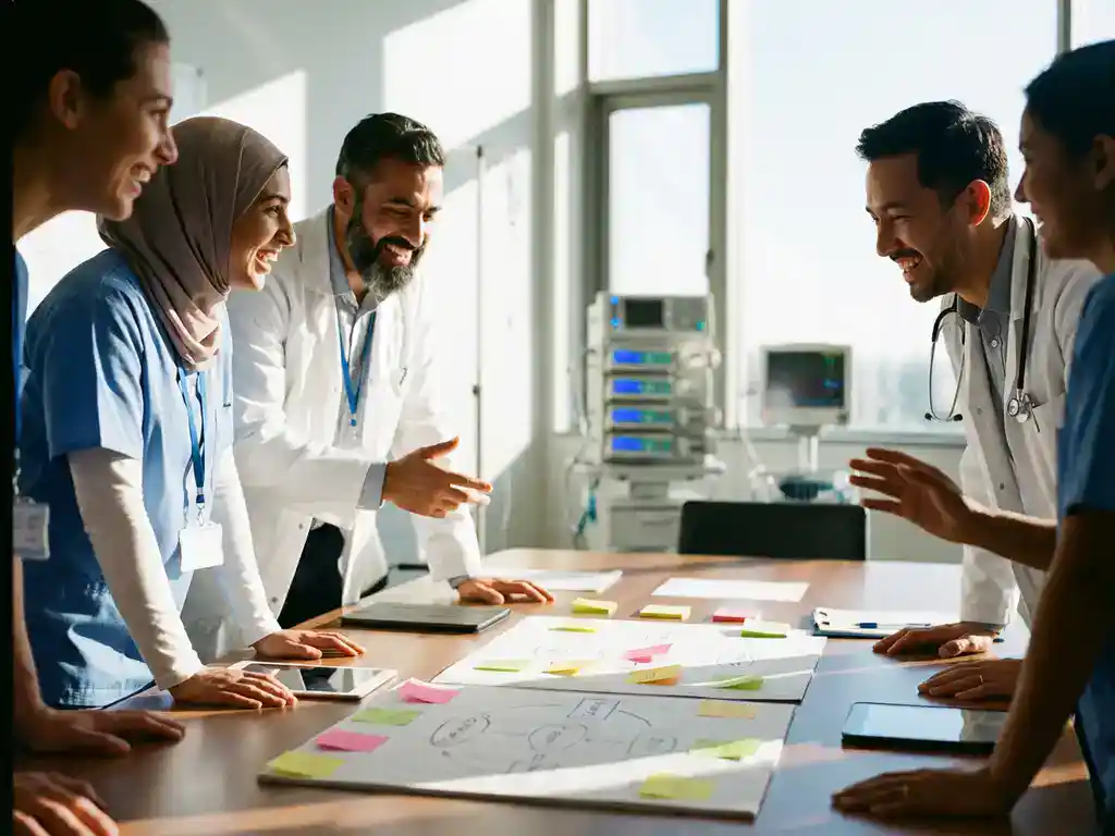 Diverse zorgverleners bespreken projecten rond vergadertafel met kleurrijke notities in ziekenhuisvergaderruimte
