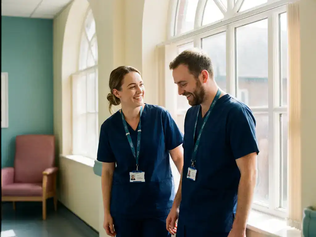 Zorgmedewerker in blauwe scrubs deelt een warm moment met collega in verlichte ziekenhuisgang, beiden met bijpassende lanyards.