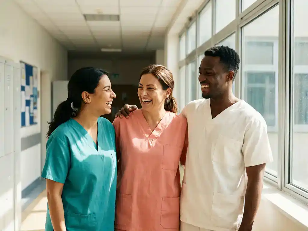 Drie zorgverleners in scrubs lachen samen in een lichte ziekenhuisgang met groot raam en natuurlijk licht.